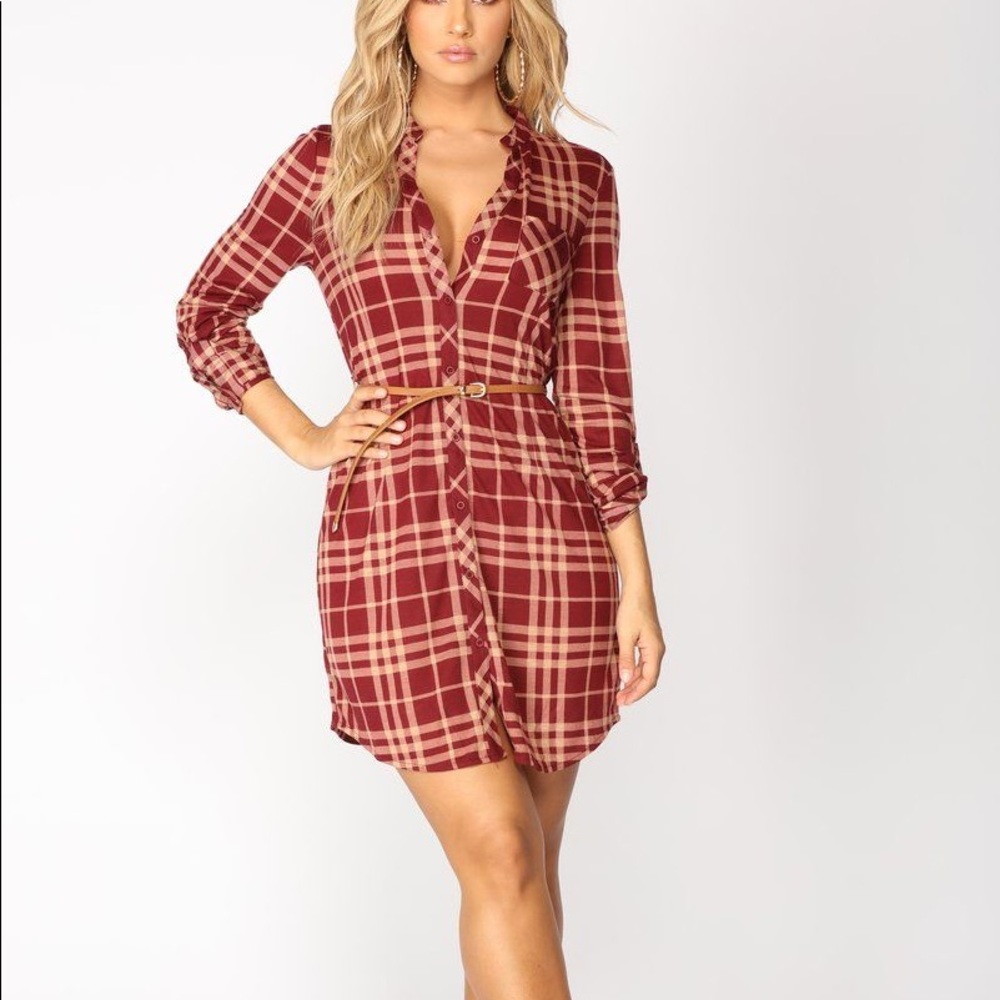 Fashion Nova Plaid Shirt Dress in Burgundy and Tan
